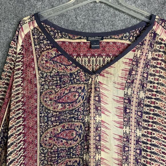 Lucky Brand Semi Sheer Top Pull Over Dark Paisley Striped Scarf Print Hi Low - Picture 2 of 10